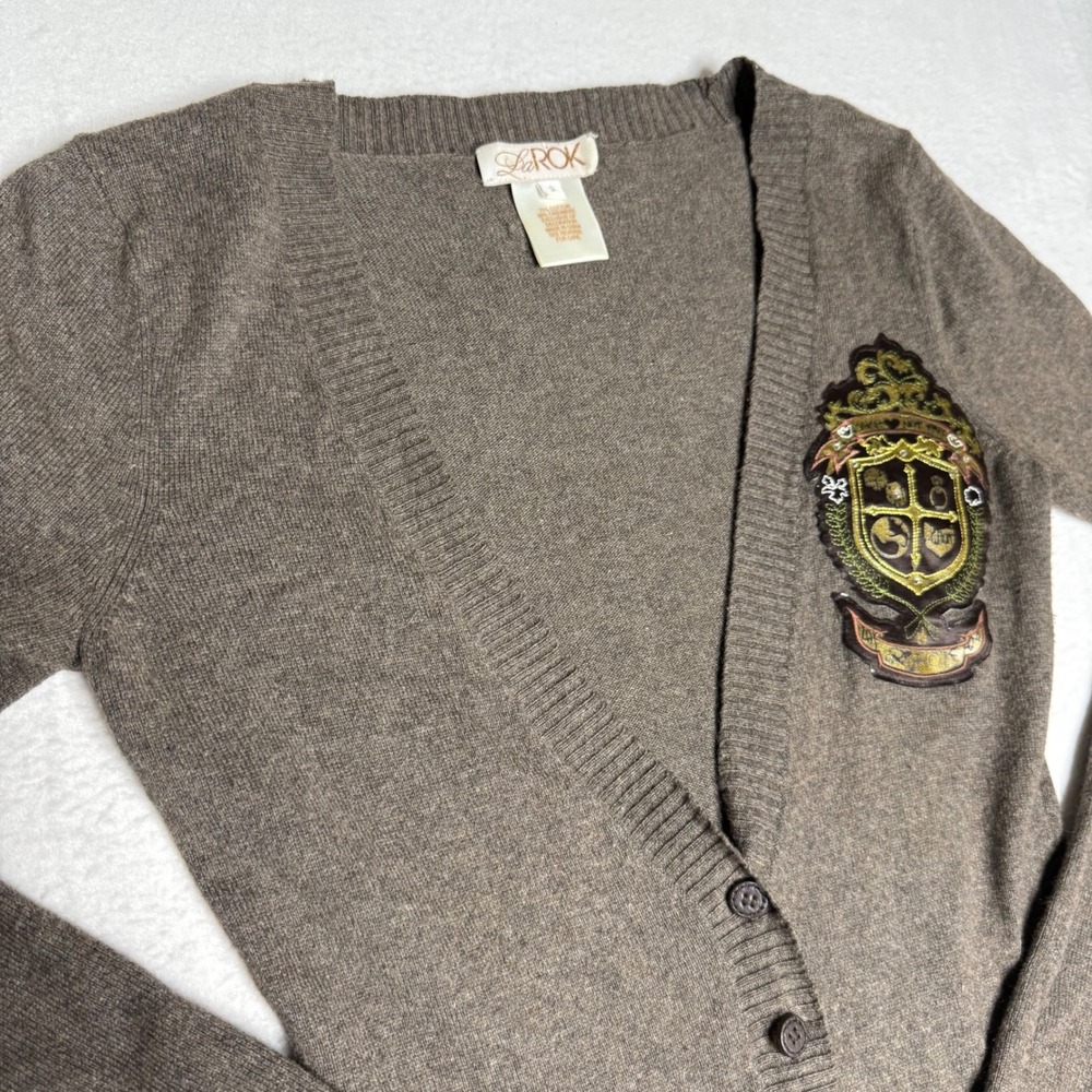 LAROK Women's Brown Long Sleeve Cardigan‎ Sweater Crest Patch Pockets Size S
